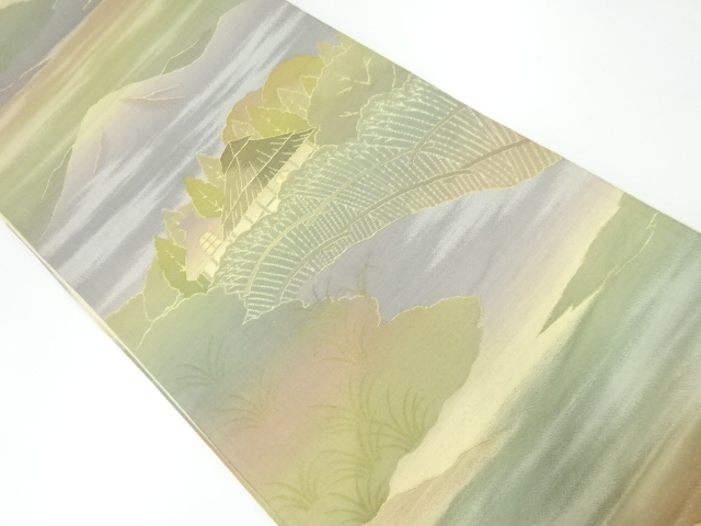 JAPANESE KIMONO / ANTIQUE FUKURO OBI / SILK / WOVEN MOUTAINS & SCENERY OF HOUSES